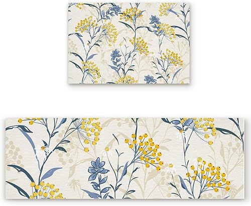 Juego de 2 alfombras de cocina vintage con flores de verano, amarillo y azul, absorbentes, para fregadero, alfombras de cocina lavables