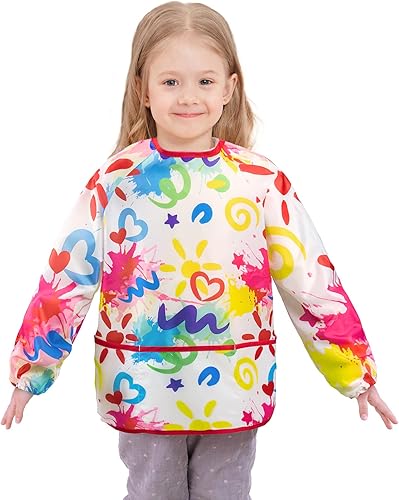 WERNNSAI Kids Art Smock Waterproof with Long Sleeve and 3 Pockets Painting