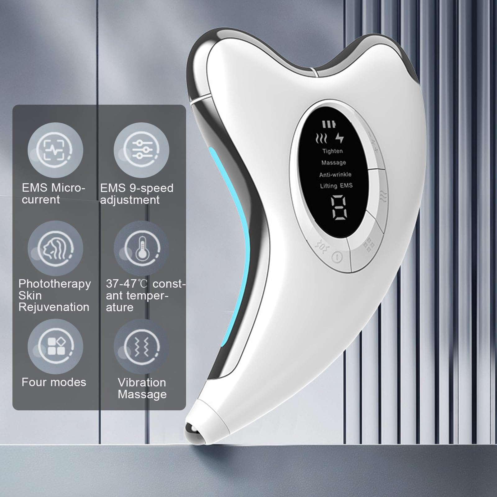 EMS Gua Sha Elektrisch, Gesichtsmassagegerät mit Wärme & Vibration & LED Blau/Gelb/Rot Licht, 4 Modi 9 Intensitätsstufen Massager Gerät Für Gesicht Hals Anti Falten, Anti Aging, Face Lifting
