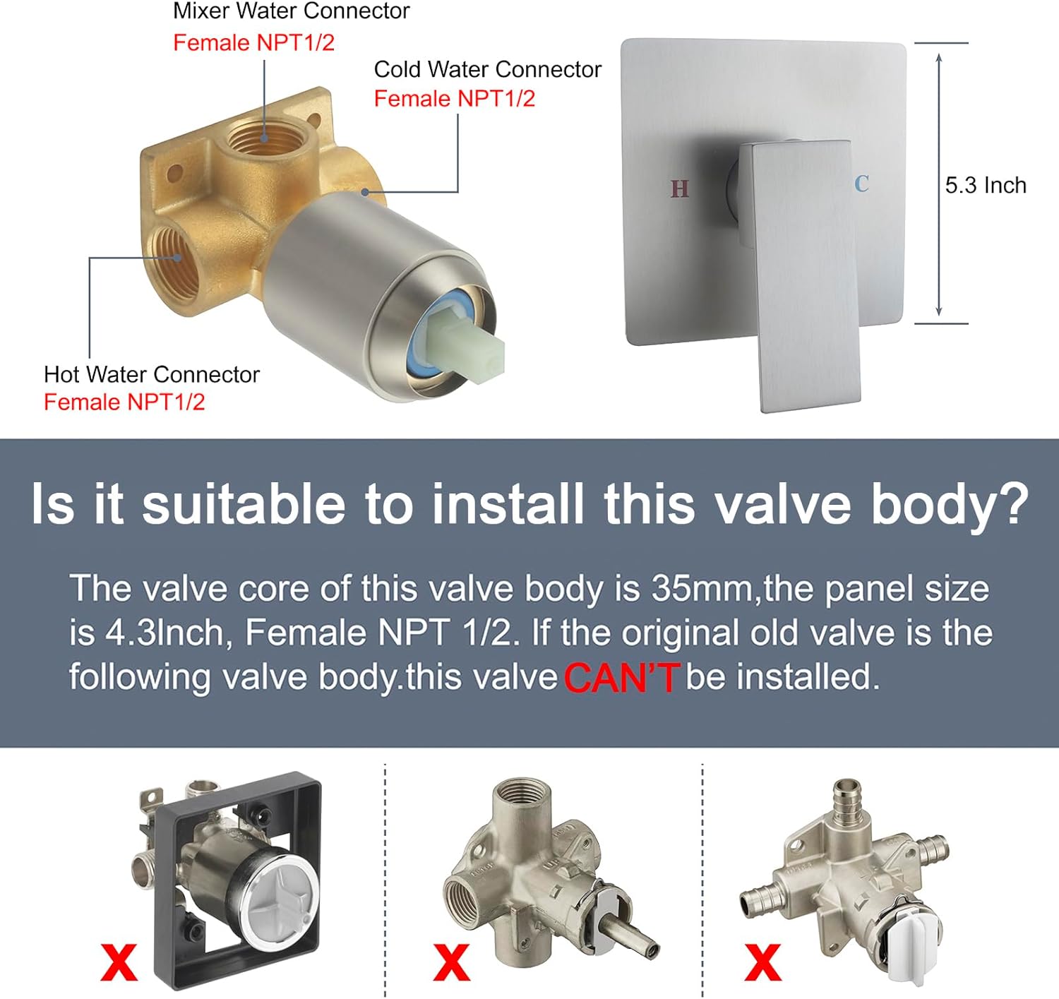 Single Function Shower Valve Wall Mount Shower Handle Valve Trim Kit Brass Single Handle Square Shower Mixer Valves Kit Rough-In Valves, Brushed Nickel