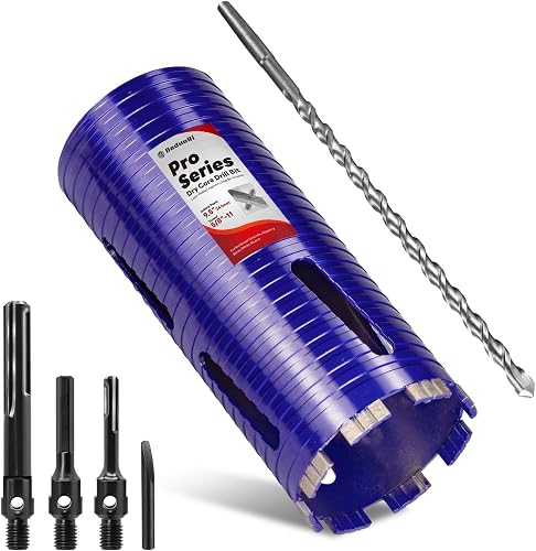 4" Pro Dry Core Drill Bit with Pilot Bit & 3 Adapters (SDS Plus/SDS Max/1/2 Hex), Upgraded Blade Core Bits for Concrete with Rebar, Masonry, Brick, Mortar - 9.5" Depth, 5/8"-11 Thread