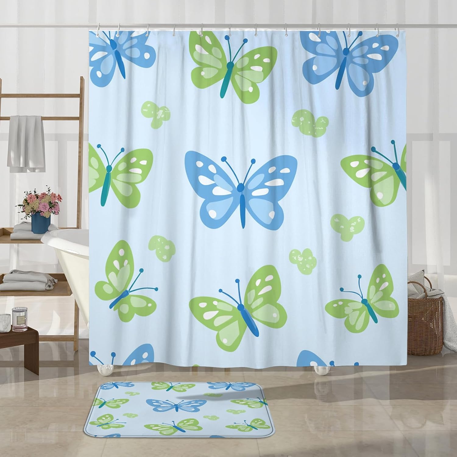 4PCS Seamless Blue Butterflies Bathroom Accessory Sets with Non-Slip Rug, U Shape and Toilet Lid Cover Mat, Cute Fun Kids Bathroom Curtain Fabric Decor-72''x72''