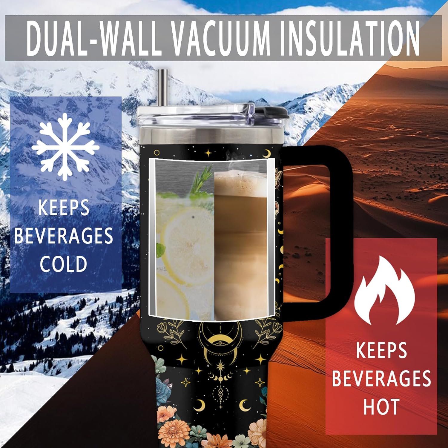 Butterfly Gift for Woman, 40 Oz Goth Butterfly Tumbler Mug Cup with Handle & Straw, Christmas Gifts for Butterflies Moon Animal Lover, Flower Themed Gifts, 1 PCS - Image 5