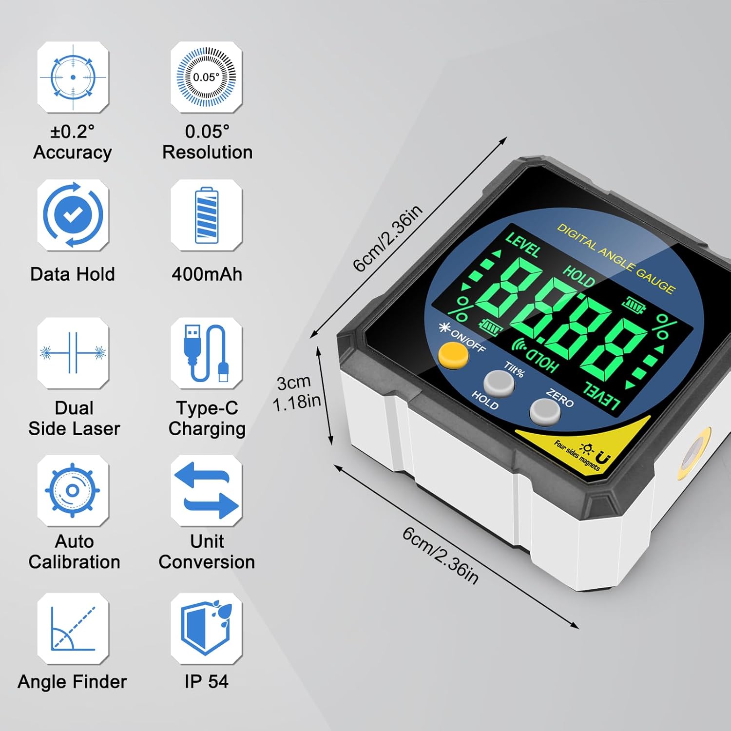 Digital Angle Finder with Dual Laser, 0.05° Magnetic Digital Inclinometer, Rechargeable Angle Gauge with Auto-Flip LCD for Table Saw Blade, Miter Saw Bevel Setting, Woodworking
