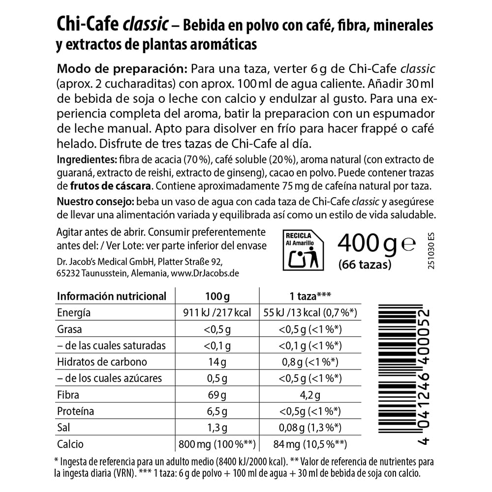 Chi-Cafe Classic Café Soluble con Fibra Dietética de Acacia, 400 g 66 tazas | Para una Buena Digestión¹, con Hongo Reishi, Ginseng y Guaraná, Vegano