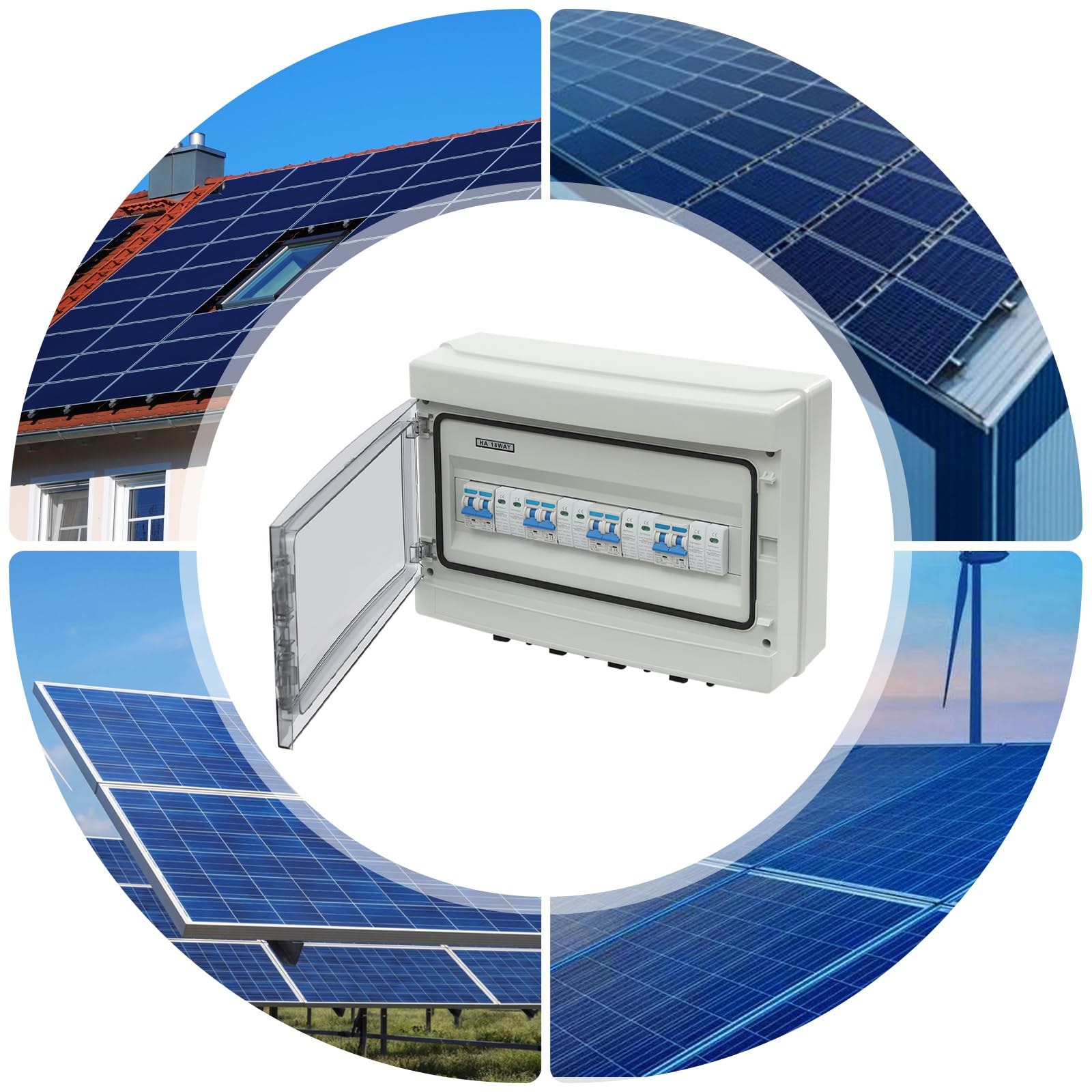 Szafa licznikowa solarna z przyłączami MC4, montaż ścienny, skrzynka rozdzielcza, 4 wejścia i wyjścia z IP65, okienko kontrolne do wskaźnika stanu instalacji solarnej, kampera, falownika