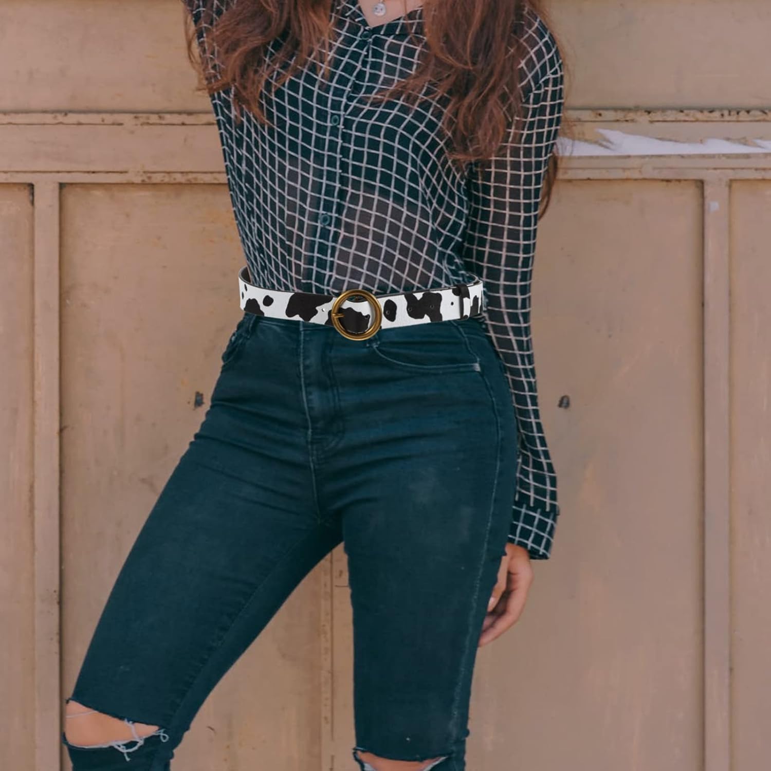 VALICLUD Women Cow Print Belt with Gold Buckle Ethnic Style Waist Strap for Jeans and Dresses Casual Western Waistband Accessory 39.37X1.18 Inch - Image 2