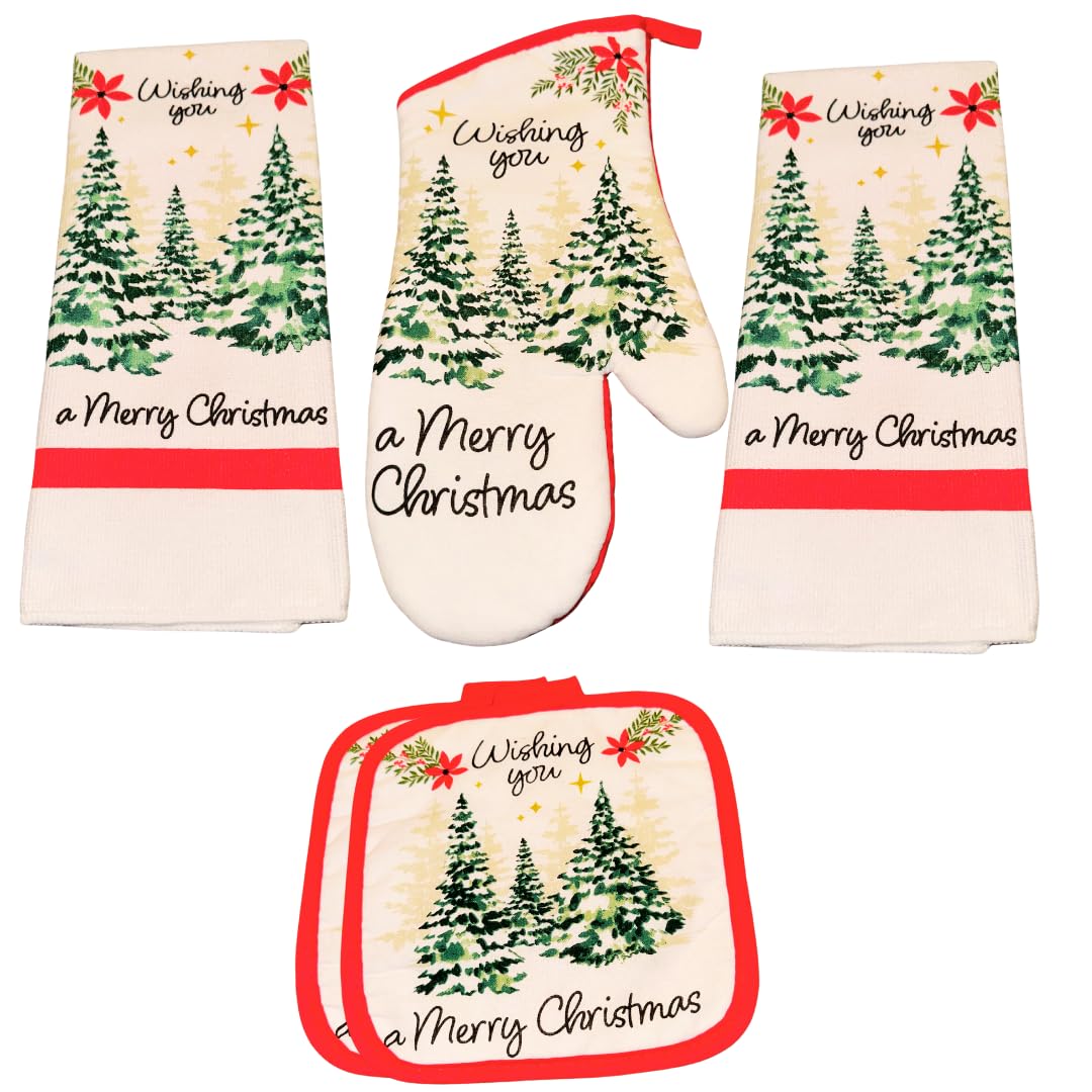 (2) Xmas Winter Kitchen Bathroom Hand Dish Towel Sets 100% Polyester (2) Potholders(1) Oven Mitt 100% Cotton Fall Holiday Home Decor Gift Sets Matching Decorative Set Cute Cooking Baking Drying