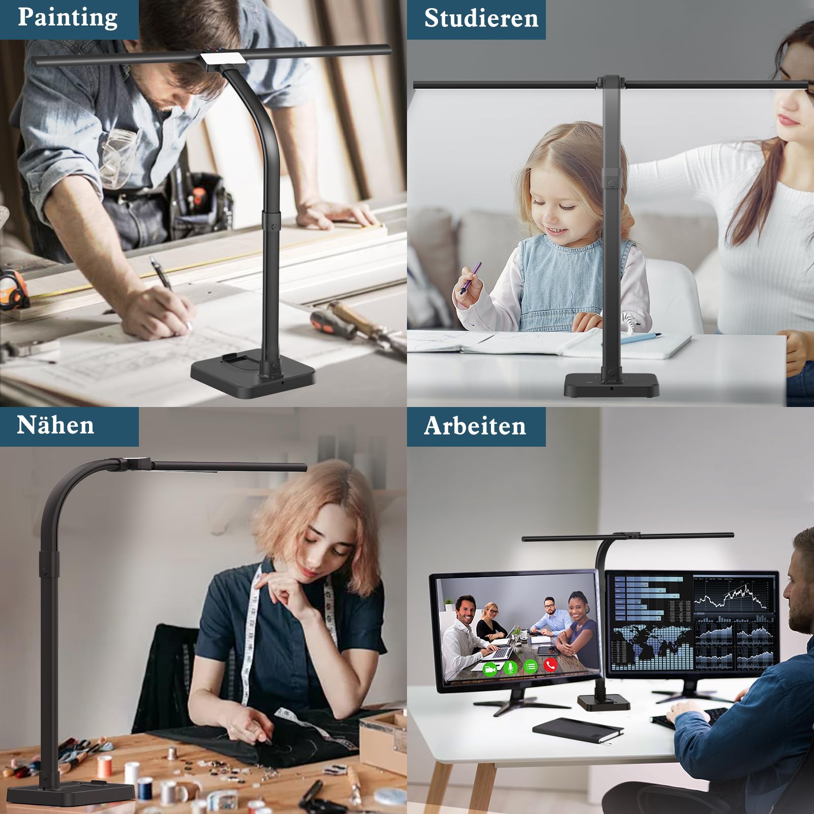 Doppelkopf Schreibtischlampe LED dimmbar,24W 80CM Schreibtischlampe groß und hell,Augenschutz desk lamp büro lampe schwarz,Schwanenhals tischlampe monitor lampe mit 25 Beleuchtungsmodi (Schwarz)