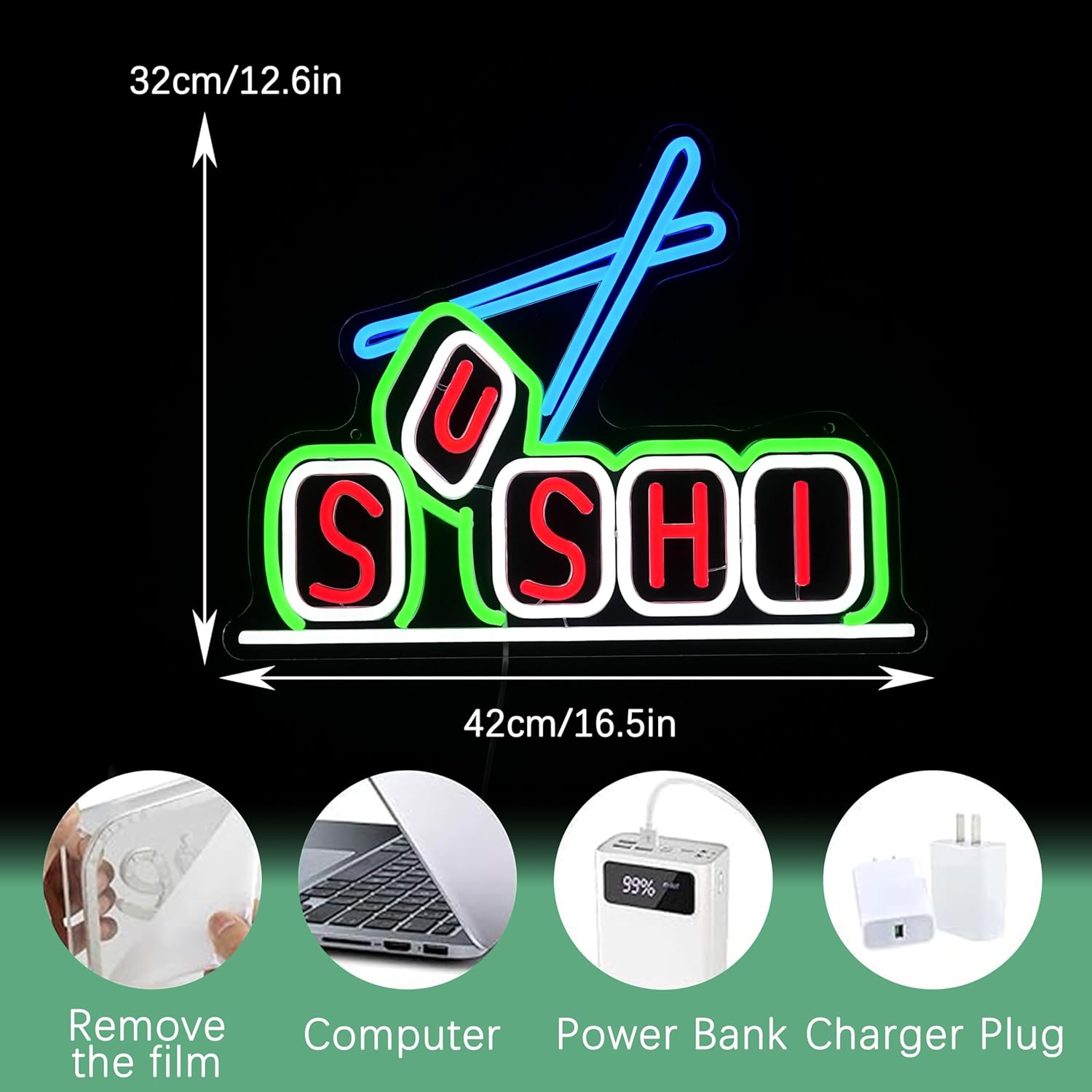 Sushi Neon Sign for Business Decor Delicious Sushi Neon Light Dimmable Japanese Food Light Up Sign for Restaurant Food Shop Storefront Window Store Kitchen (16.5 * 12.5 In) - Image 2