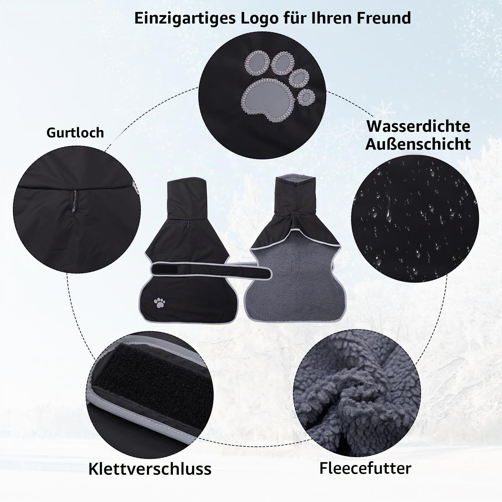 Geyecete Hunde Wintermäntel fur Windhund,Hundejacken mit plüschfutter,Wasserdichter Regenmantel Winddicht, Outdoor-Hundebekleidung mit Sicheren Reflexstreifen,fur mittel und große Hunde-Schwarz-S