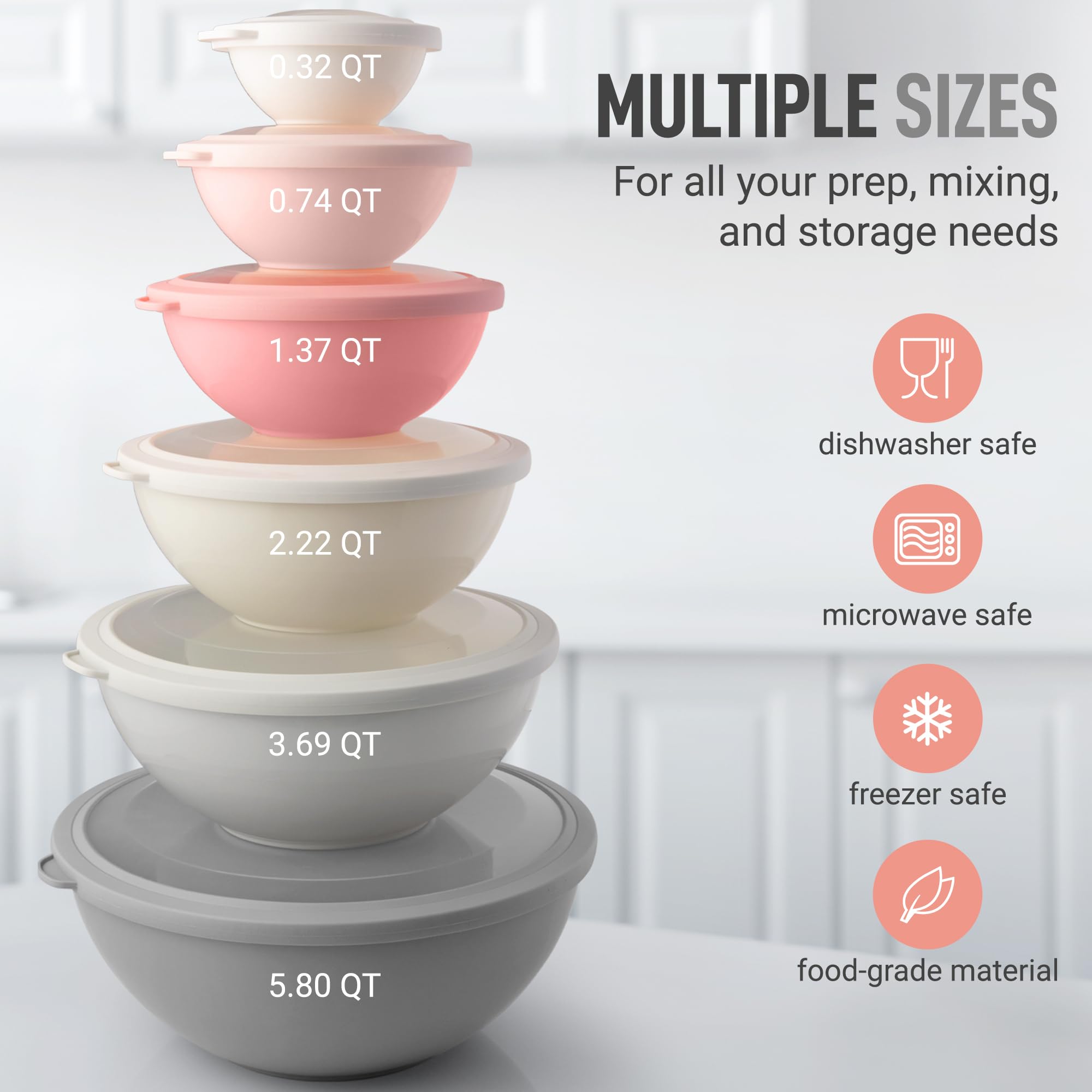 Zulay Kitchen Lot de 12 bols mélangeurs en plastique colorés avec couvercles, passent au micro-ondes et au congélateur (rose ombré)