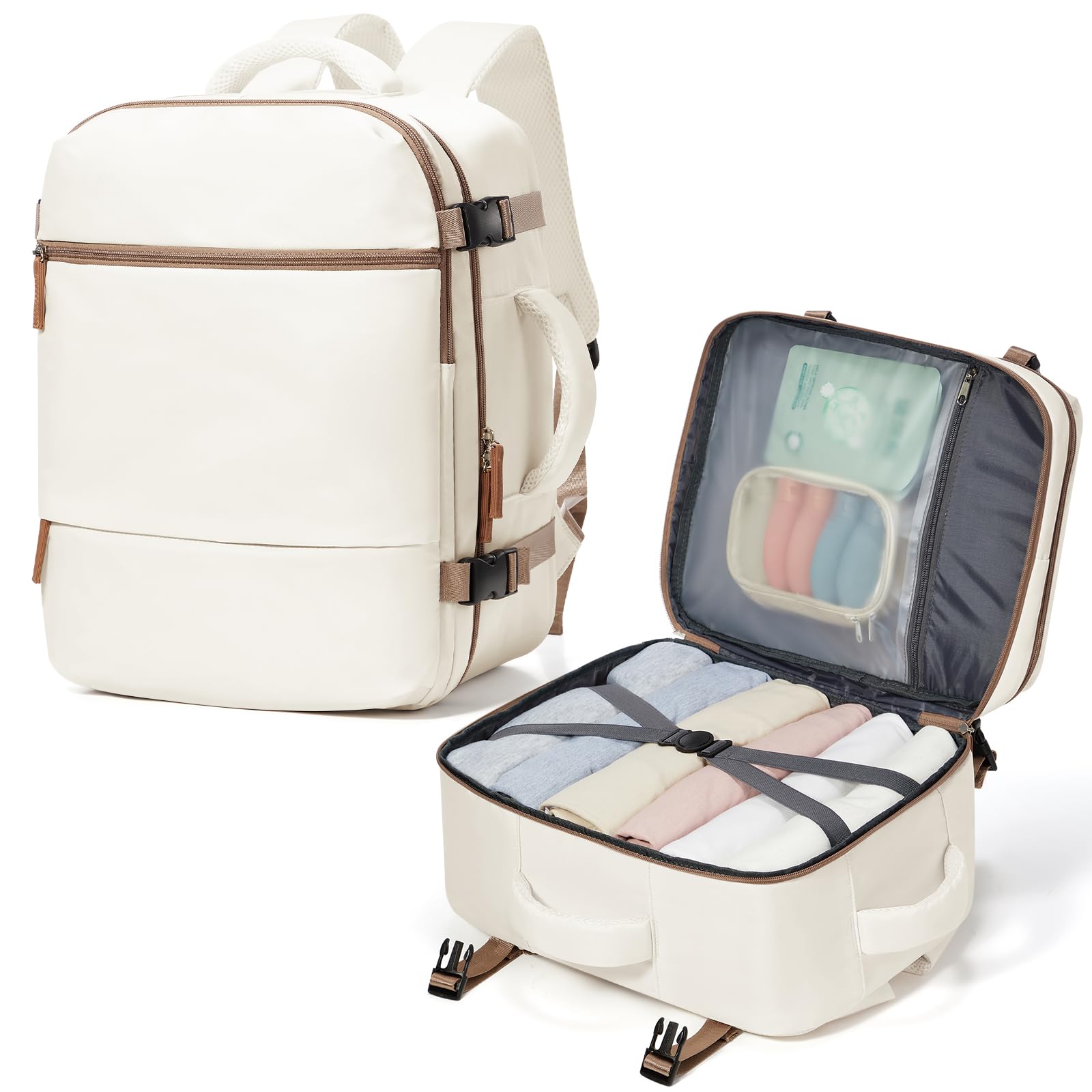 suradar Bagage Cabine 40x30x20 Sac Ryanair Sacs a Dos Voyage Cabine Avion 40x30x20 pour Wizzair Eurowings avec Sac Humide Sacs à Dos Ordinateur Portable 14 Pouces Homme Femme Beige et marron