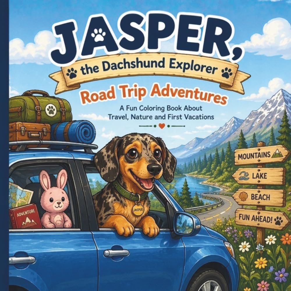 Jasper, the Dachshund Explorer: Road Trip Adventures: A Fun Coloring Book About Travel, Nature and First Vacations