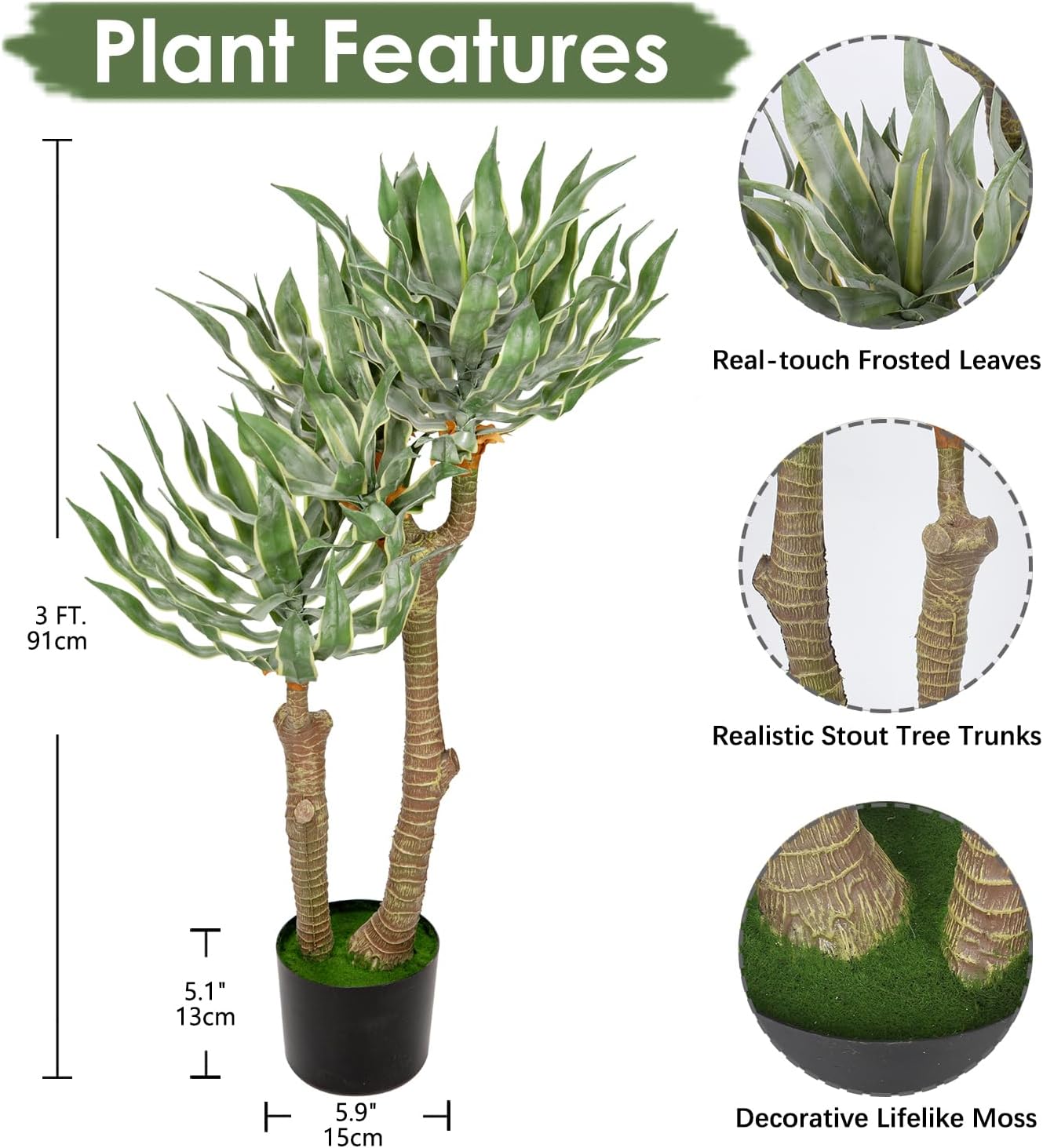 3Ft Tall Artificial Agave Plants Fake Plants Large Yucca Elephantipes in Pots Agave Americana Artificial Tree for Home Office Décor