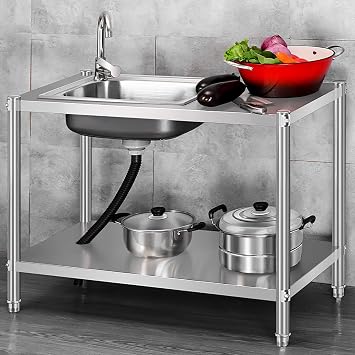 Freestanding Kitchen Sink,stainless Steel Utility Sink With Legs,Left Basin Right Console,reinforced Double-layer Bracket,with Drain Pipe And Faucet,suitable For Home Kitchen,outdoor Garden,garage
