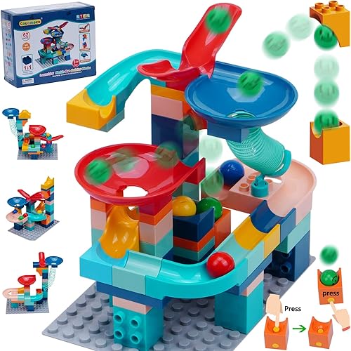 COUOMOXA Marble Run Building Blocks Compatible with Classic Large Blocks STEM Toy DIY Build&Play Building Set Kids Gift for Boys Girls Age 3+ 5 6 7 8+ (62 Launching Marble Run)