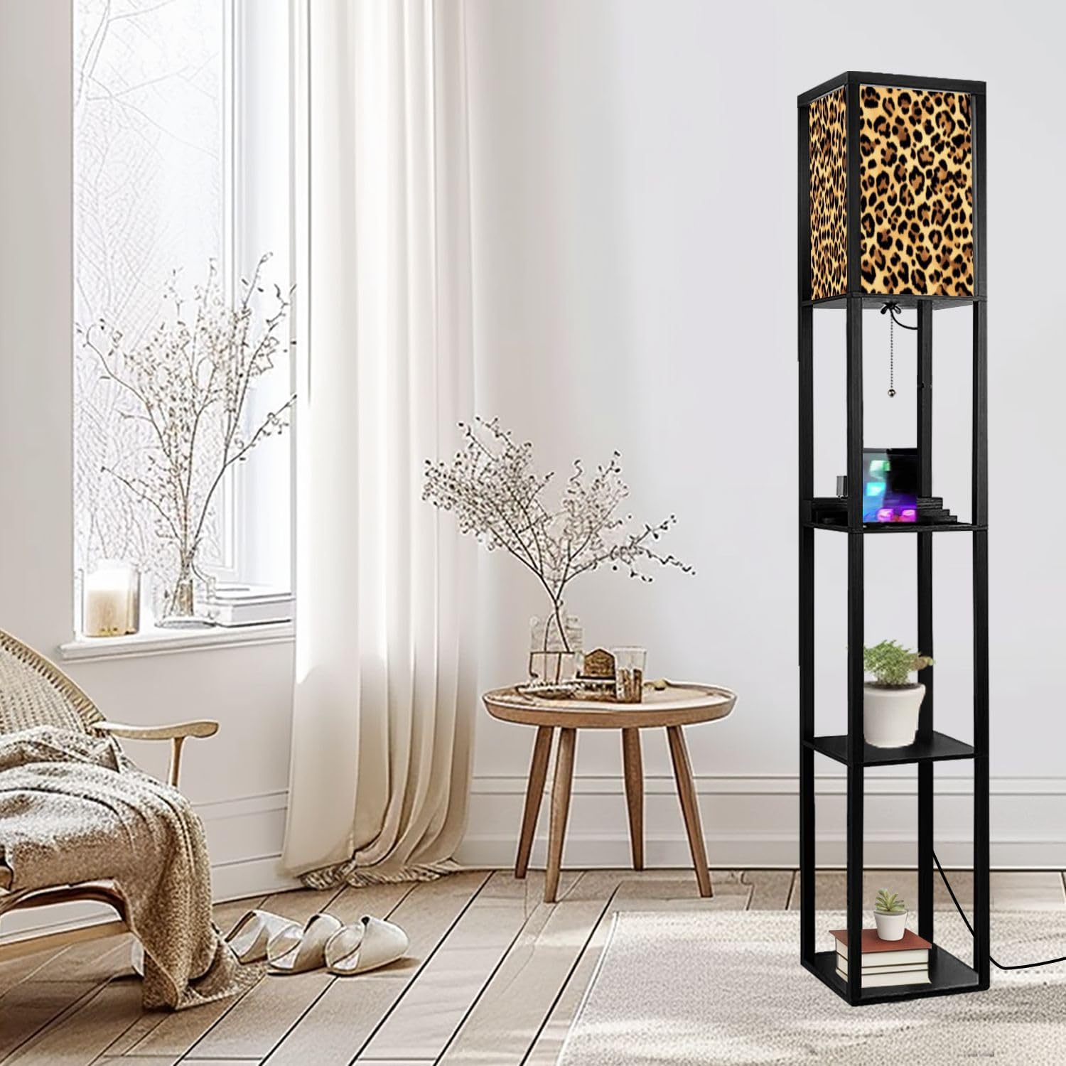 Floor Lamp with Shelves Trendy Leopard Skin Pattern Standing Tall Lamp USB Ports & Power Outlet Modern Corner Lamp Nightstand Light for Living Room Bedroom