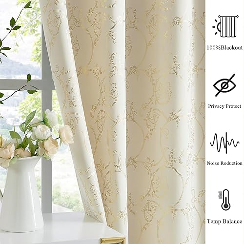 Miniatura 5 de Enactex Cortinas 100% opacas de 84 pulgadas de largo para dormitorio, cortinas con patrón floral dorado para sala de estar, oscurecimiento de la