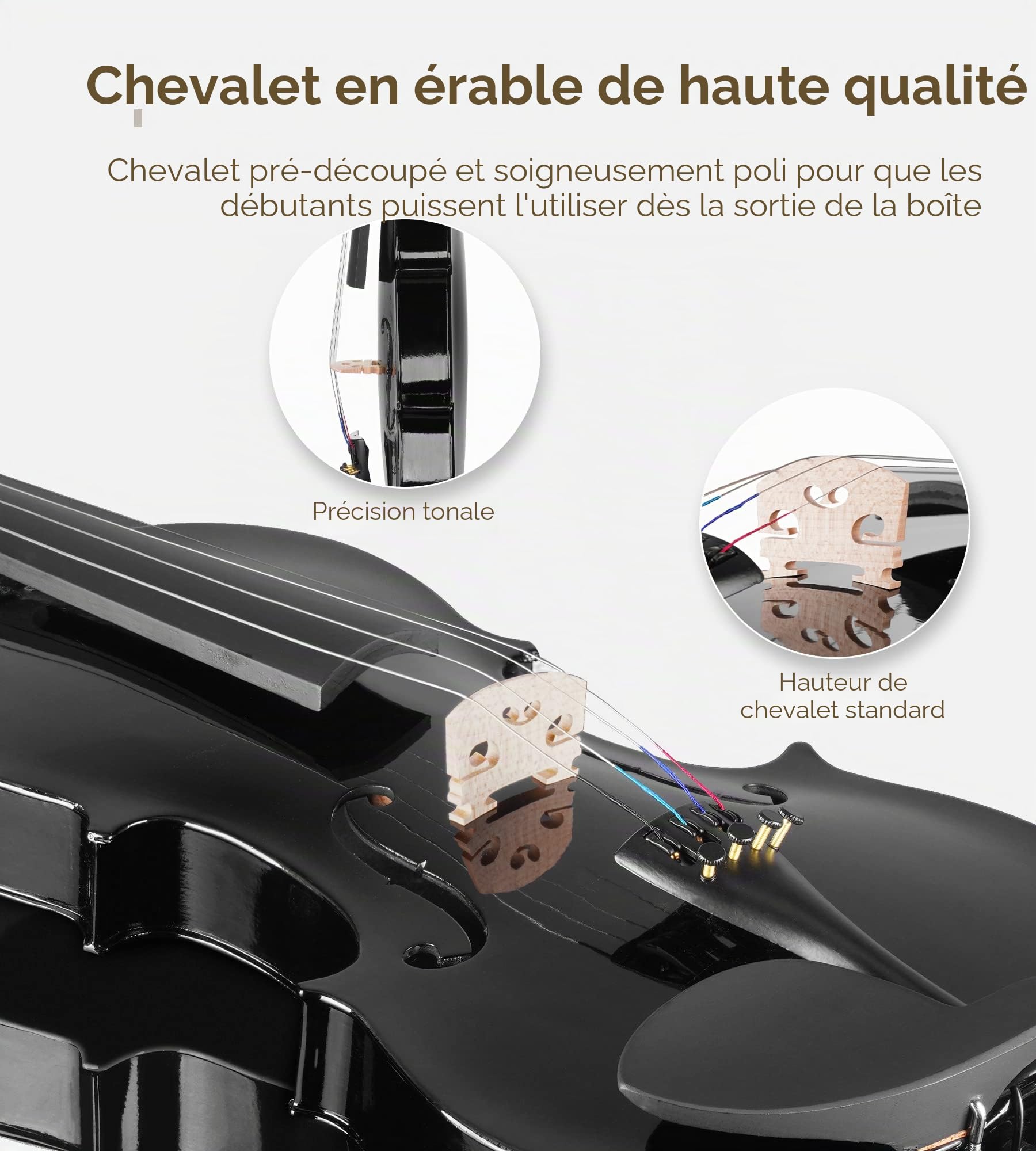 Vangoa Violon 4/4 Adulte Pleine Grandeur Acoustique Violon Débutant Set avec Étui, Colophane, Épaulière, Accordeur, Cordes, Archet de Violon, Autocollant de Touche, Noir