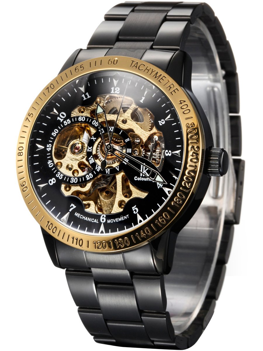 Alienwork IK Reloj Automático Hombre Mujer Negro Pulsera de Metal Acero Esqueleto Fondo de Vidrio