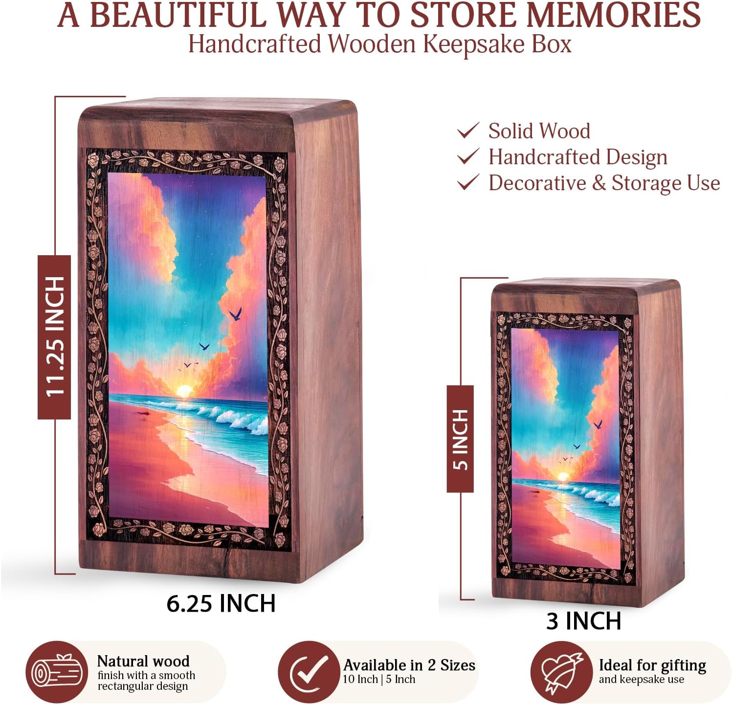 Beach Urns - Custom Wooden Urn for Ashes Adult - 11 Inch Large Personalized Urn for Ashes - Handcrafted Wood Cremation Urns for Adult Male - Wooden Box - Burial Ash Holder