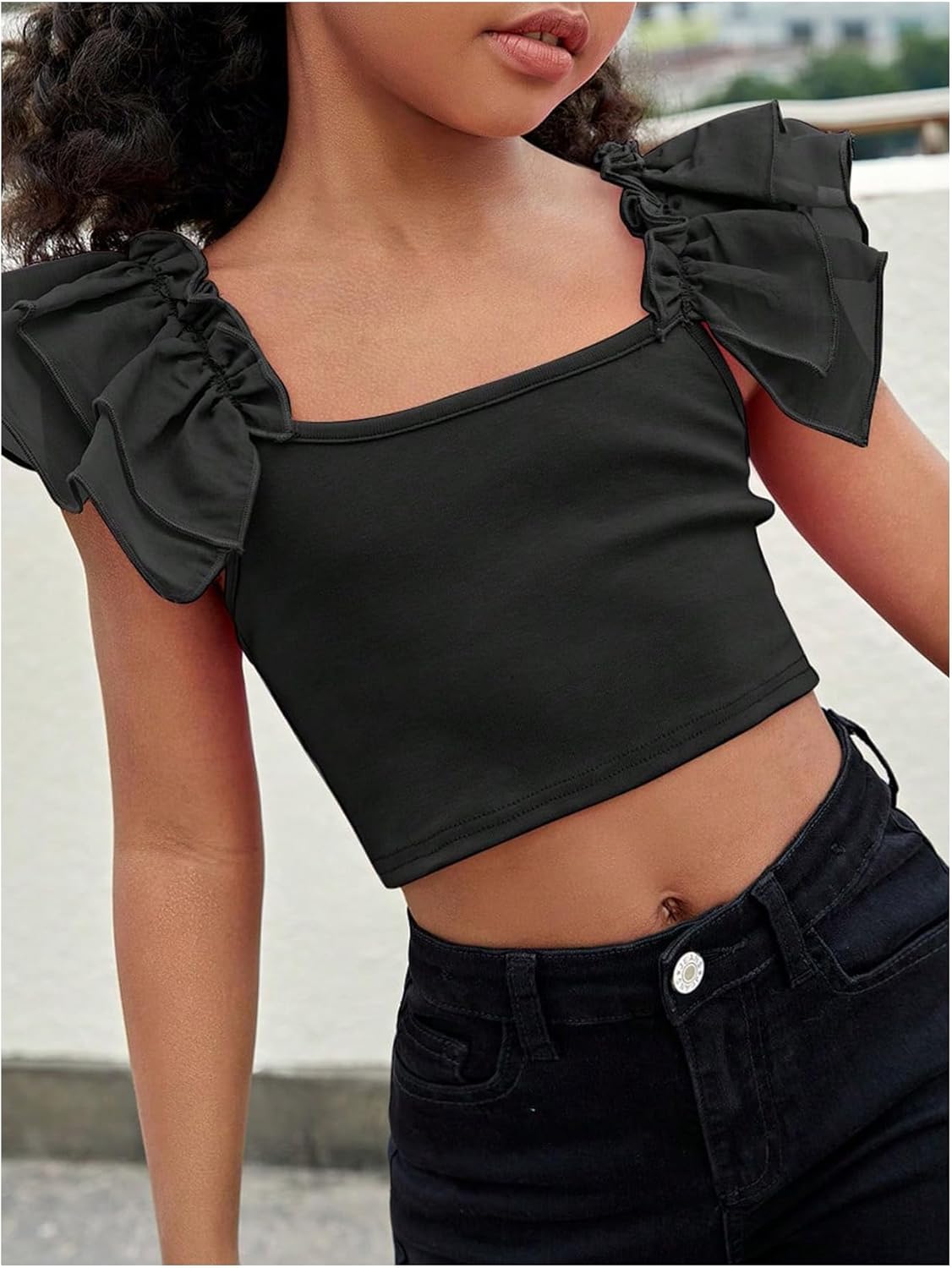 WDIRARA Girl's Ruffle Trim Bow Back Tiered Layer Square Neck Wide Strap Slim Fit Crop Cami Top - Image 2