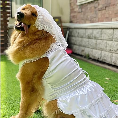 Miniatura 4 de 2 piezas de vestido blanco para perro, boda con velo, falda plisada de encaje para cachorros, disfraz clásico de tutú de novia para perros grandes,