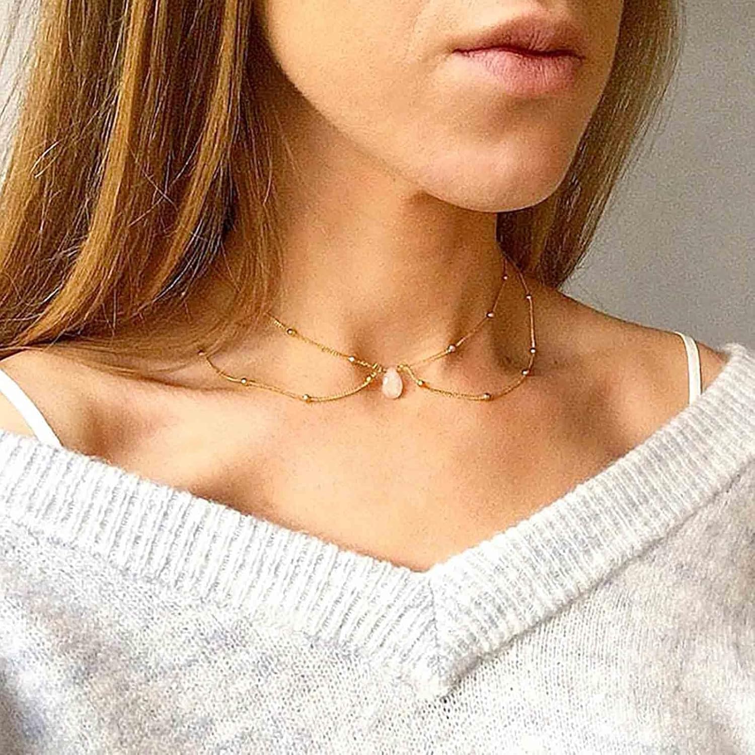 Vintage Layered Bead Chain Choker Necklace Gold Teardrop Gemstone Necklace Beaded Satellite Necklace Crystal Waterdrop Necklace Opal Chain Necklace Jewelry for Women - Image 2