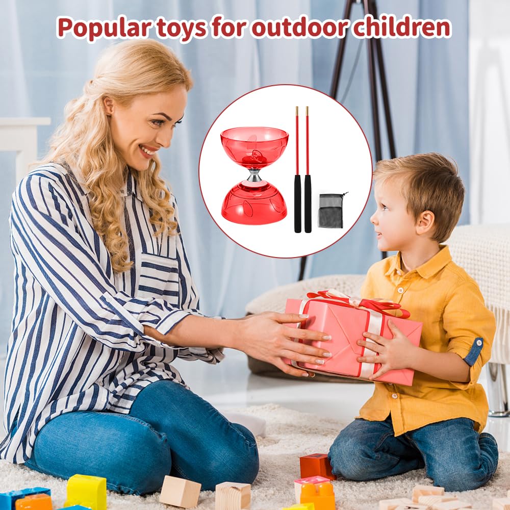 Juego de Diábolo, Diábolo con Rodamientos de Bolas, Juego de Malabarismo con Palos de Diábolo, Cuerda y Bolsa de Red, DiáboloQue Brilla en la Oscuridad para Profesional, Principiantes (Rojo)