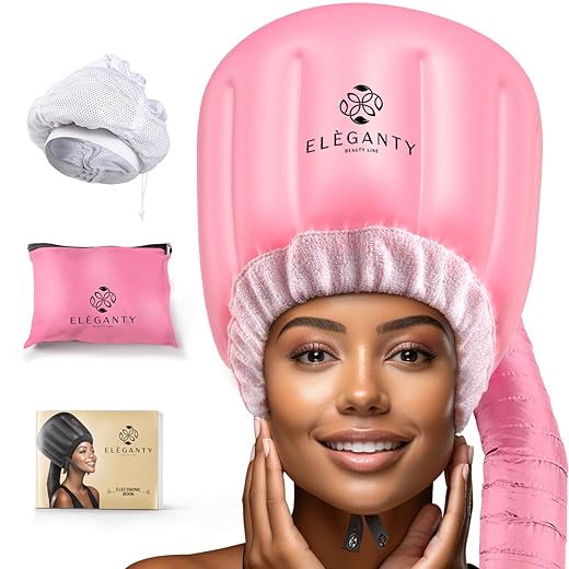 ELEGANTY Soft Bonnet Hood Hairdryer Attachment with Headband that Reduces Heat Around Ears and Neck to Enjoy Long Sessions - Used for Hair Styling, Deep Conditioning and Hair Drying (Black)