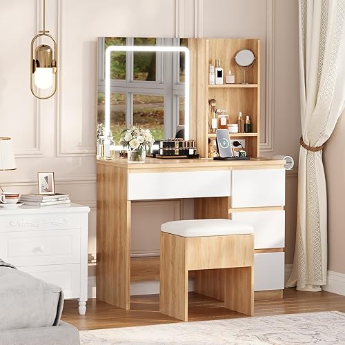 Escritorio de tocador de maquillaje con espejo iluminado, juego de tocador con 4 cajones, toma de corriente, taburete de almacenamiento, estantes de