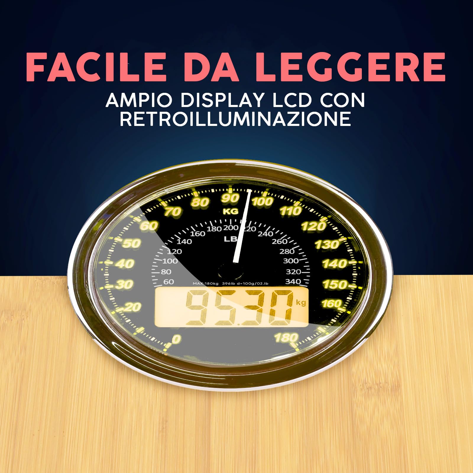 Hybrid Bilancia Pesapersone - Analogica & Digitale, Precisa fino a 180 kg | Leggete il peso su quadrante analogico e LCD insieme. Piattaforma larga, 3 batterie AAA incluse, pronta all'uso.