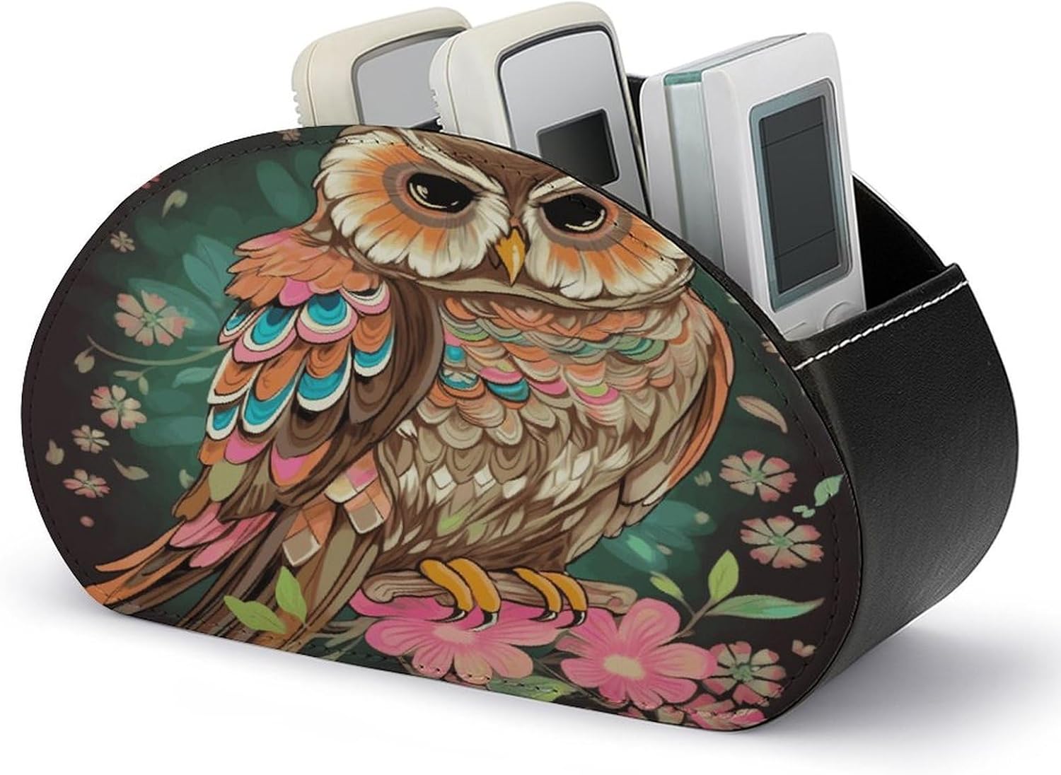 Anime Owl Remote Control Holder with 5 Compartments Leather Remote Caddy TV Remote Holder Remote Organizer Controller Holder Remote Box for Bedside Table Office Desk