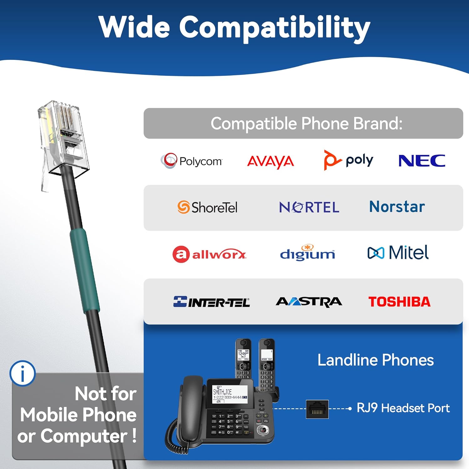 Phone Headsets for Office Phones, Corded Telephone Headset Mono w/Noise Canceling Mic - Headset for Phones Landline Office Compatible with Polycom Plantronics Nortel Toshiba Mitel ShoreTel - Image 2