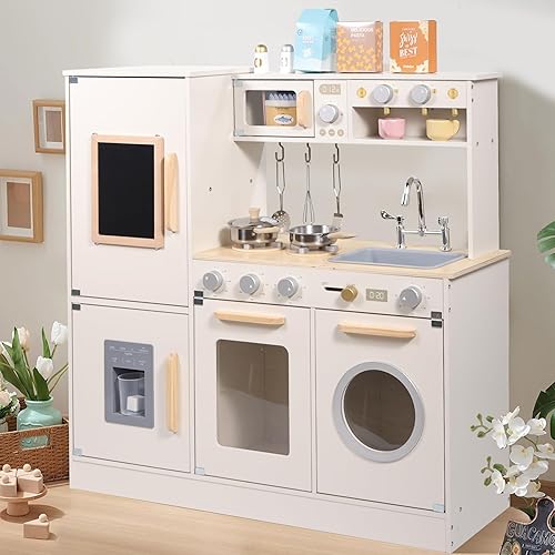 Miniatura 7 de Juego de cocina de madera para niños pequeños, juego de cocina de juguete para niñas y niños, con accesorios de cocina