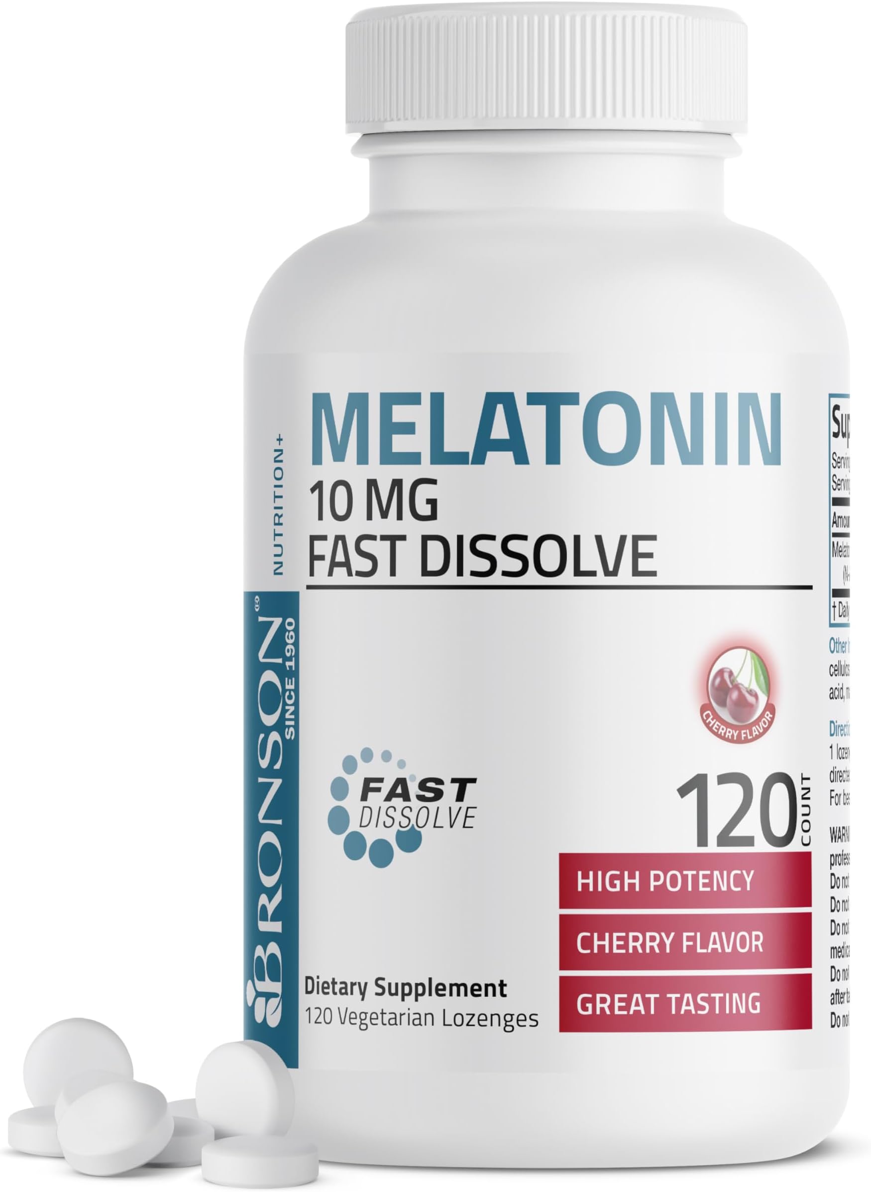 Melatonin 10mg Fast Dissolve Cherry Flavored Tablets Vegetarian Chewable Lozenges, 120 Count
