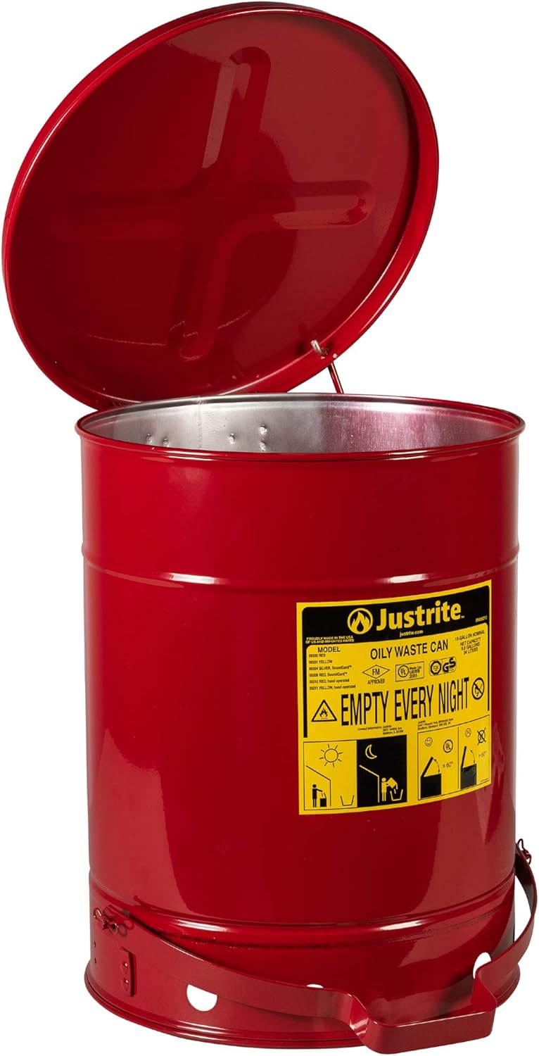 Justrite 9300 10 Gallon Red Galvanized Steel Oily Waste Can with Foot Lever Opening Device: Hazardous Storage Cans: Industrial & Scientific