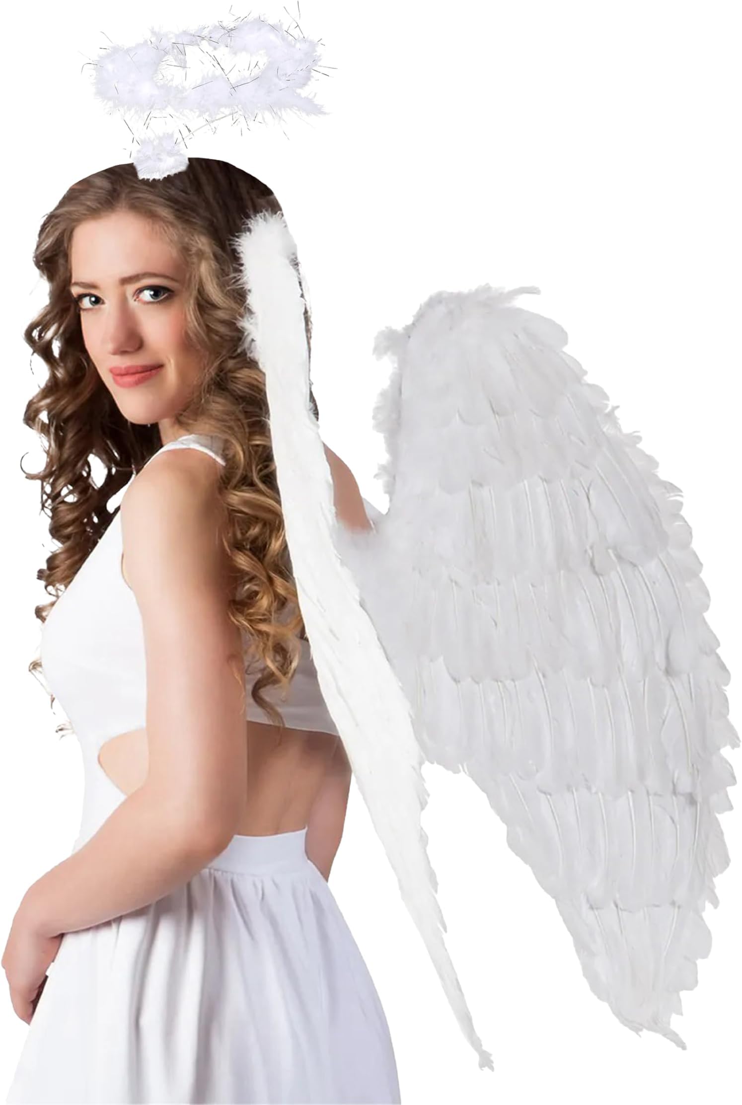 White Angel Wings and Halo, Halloween Christmas Fallen Angel Fairy Wings Theme Party Fancy Dress Costume for Adult Women
