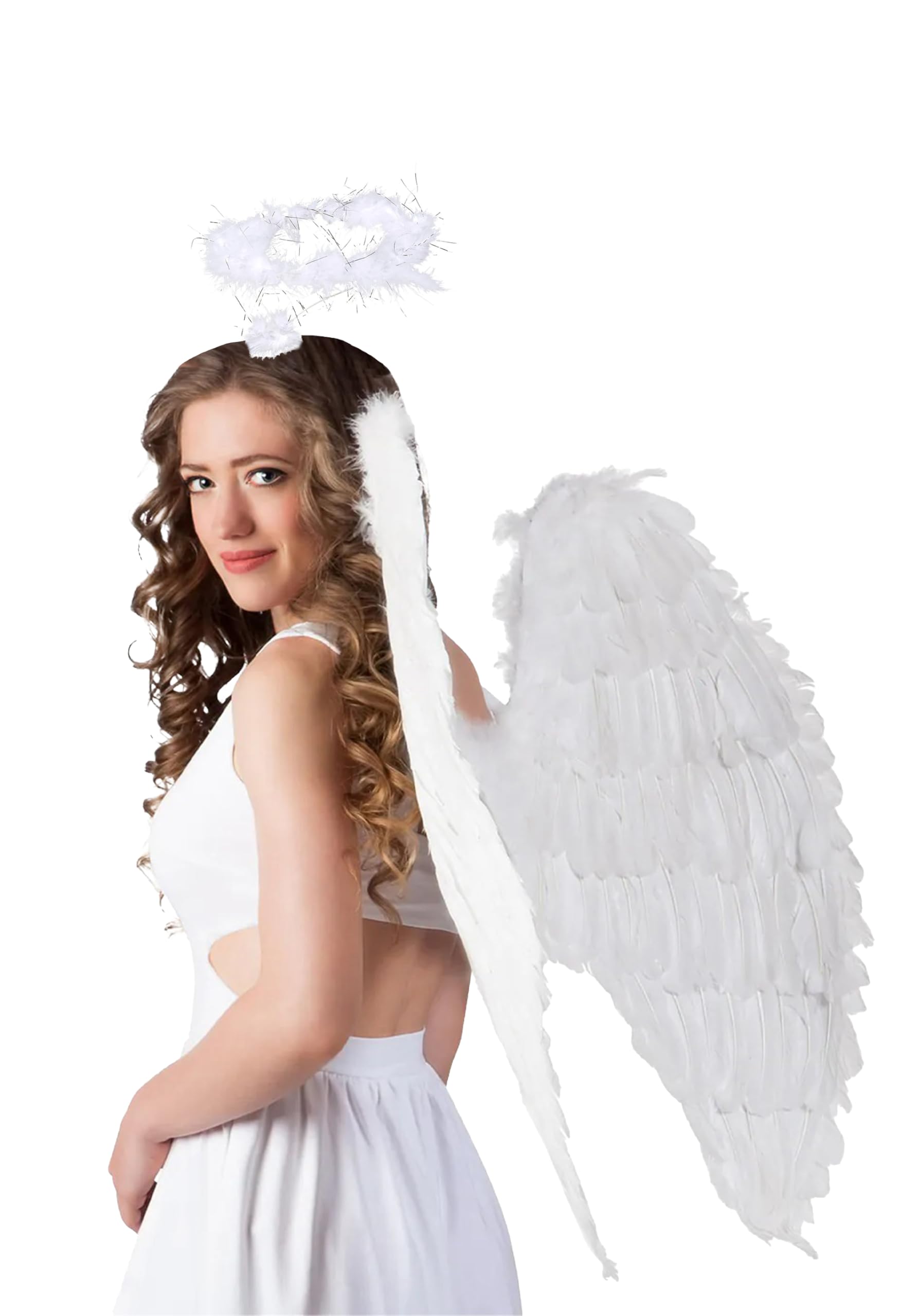 White Angel Wings and Halo, Halloween Christmas Fallen Angel Fairy Wings Theme Party Fancy Dress Costume for Adult Women
