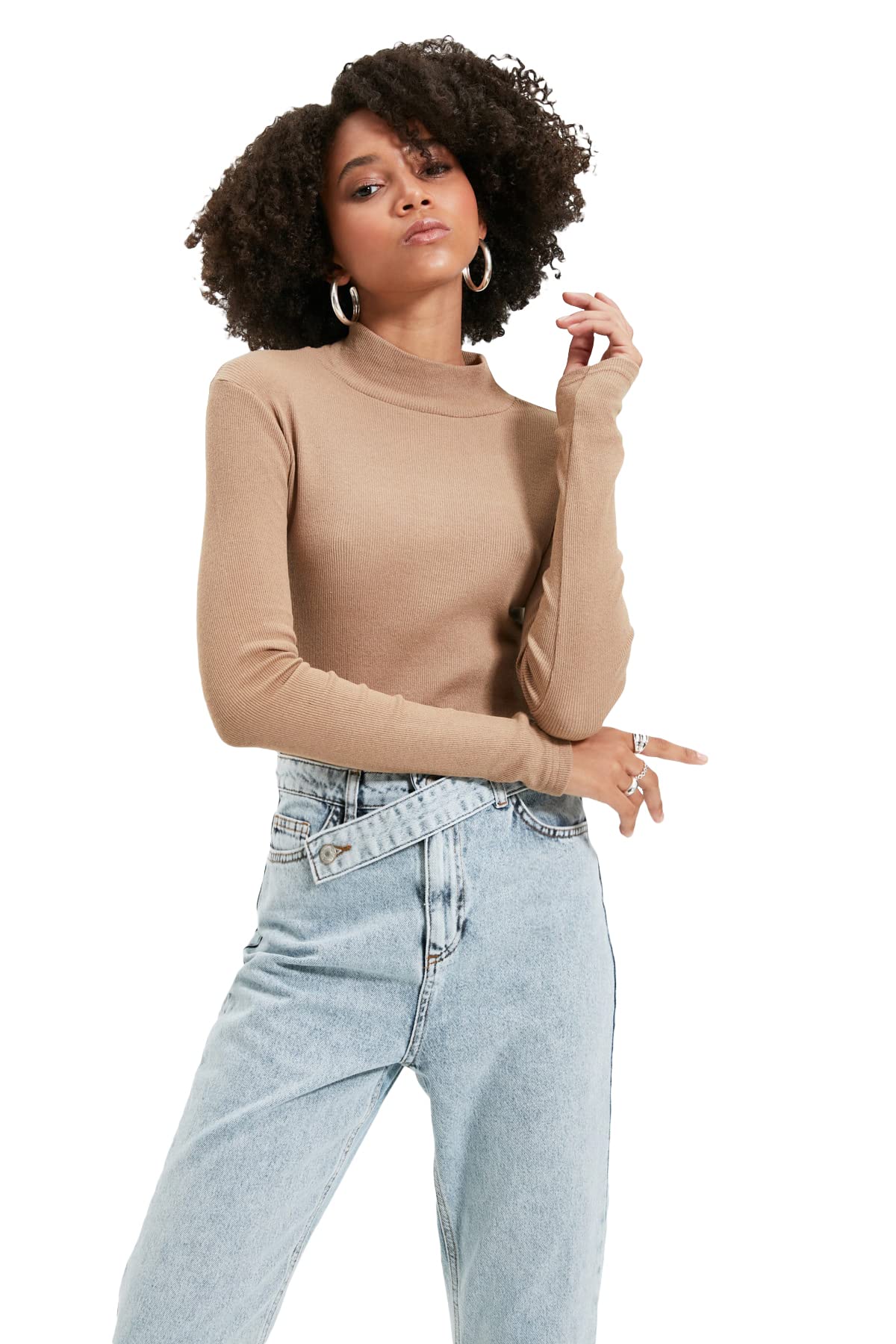 TRENDYOL Damen Trendyol Turtcheck Flyillat Knitted Blouse, Mink, XS EU