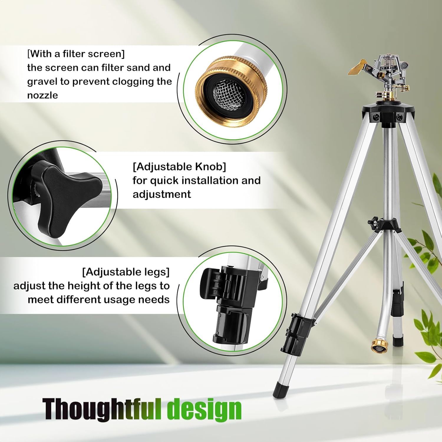 Heavy Duty Metal Tripod Sprinkler - Waters Up to 90 Ft, 50 Inch Tall, 360 Degree Rotation