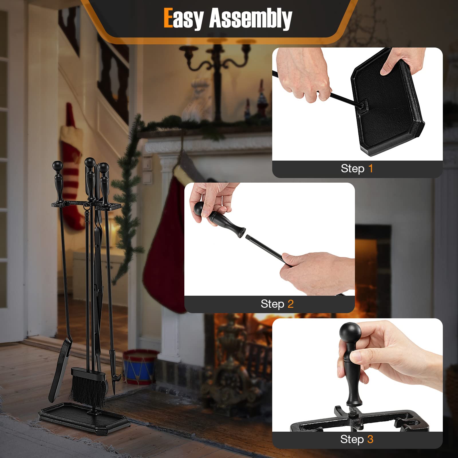 Juego de 5 piezas para chimenea de hierro forjado con soporte, pinzas, pala, cepillo y póquer, accesorios para estufa de carbón (natural + negro, 4 ganchos, base redonda)