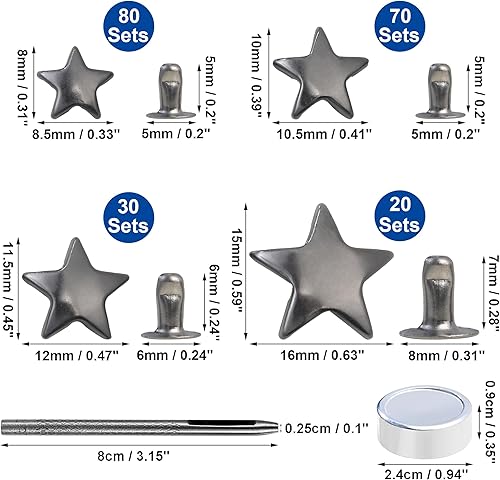 Miniatura 2 de YORANYO Juego de 200 remaches de cuero, remaches de varios tamaños para cuero, tachuelas de estrella para ropa, pistola de tela, remaches de metal
