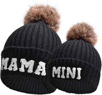 Kunyeah 2PCS Parent-Child Beanie Hat Women Embroidery Knitted Hat Mama and Baby Matching Hats Winter Warm Cap with Pom-Pom