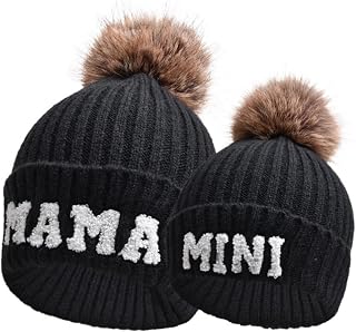 Kunyeah 2Pcs Parent-Child Beanie Hat Women Embroidery Knit Hat Mom and Baby Matching Hats Winter Warm Hat with Pom Pom