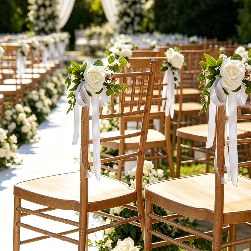 BSLVWG Hochzeitsgang Dekorationen für Hochzeitszeremonie Set von 10 künstlichen Rosen, Stuhldekorationen mit Chiffon Bänder für Zeremonie Stuhl zurück Floral Dekor Kirche Party im Freien (Gelb)