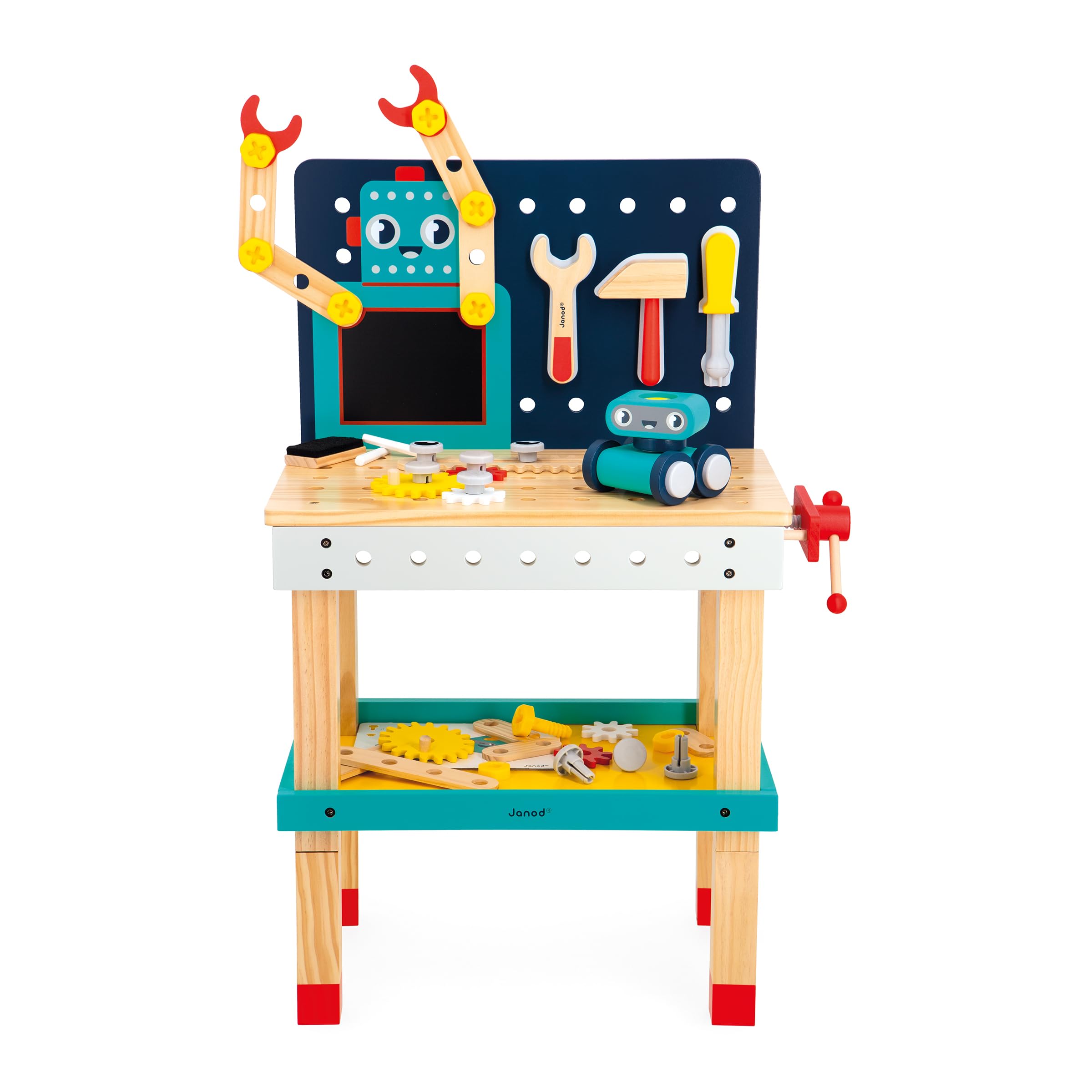Janod - Brico'Kids Large Robot Workbench - Building Game Child - 51 Building Elements + 3 Tools + 1 Robot - Role Play - Promotes Fine Motor Skills - From 36 Months, J06457