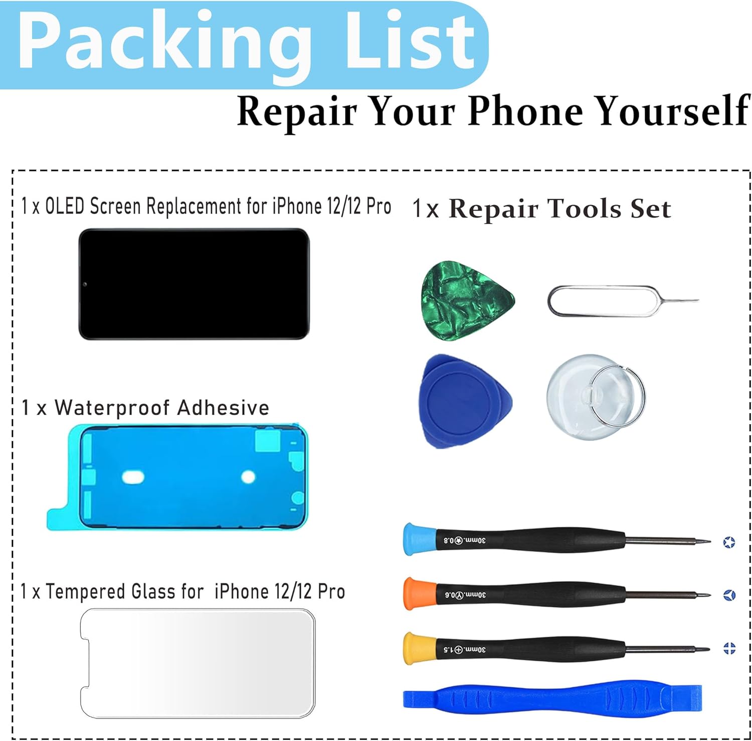 MP+ for iPhone 12 Pro OLED Screen Replacement,[FHD][COF][Face ID] Touch Display Digitizer Assembly with Repair Tools Kit,Waterproof Tape