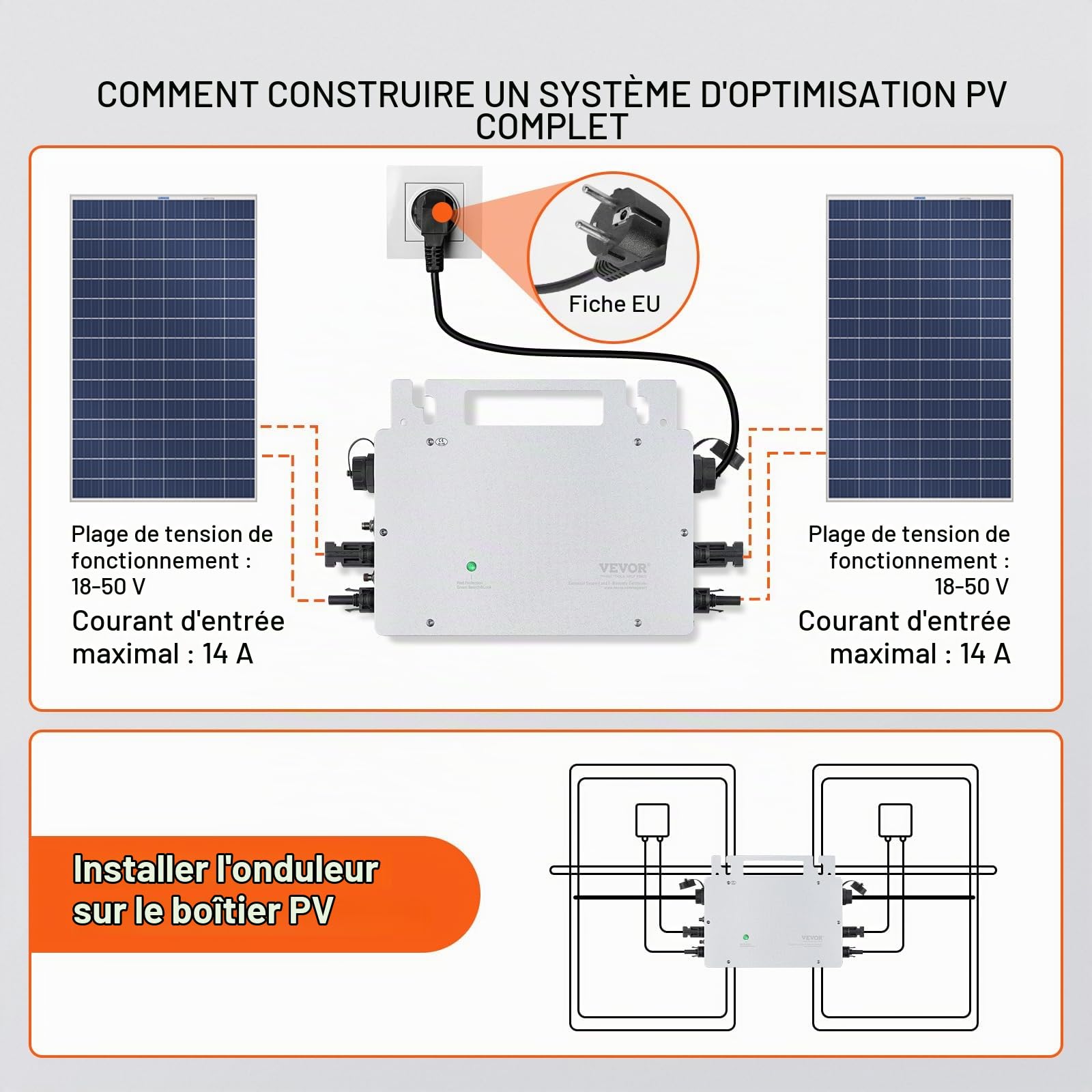VEVOR Micro Onduleur Solaire Lié au Réseau 800 W Micro-onduleur Solaire Étanche IP65 Alliage d'Aluminium Tension CC 18-50 V avec Antenne APP WiFi Cordon d'alimentation pour Systèmes Panneaux Solaires